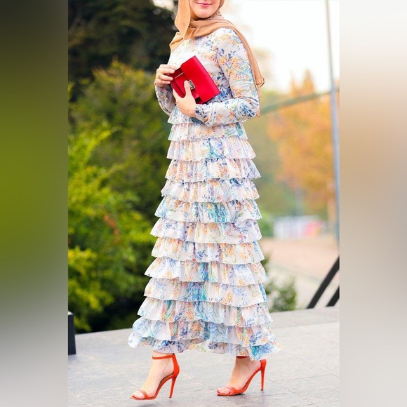Annah Hariri Floral Chiffon Modest Ruffle Dress | Elegant Layered Skirt size 8 - Picture 1 of 16